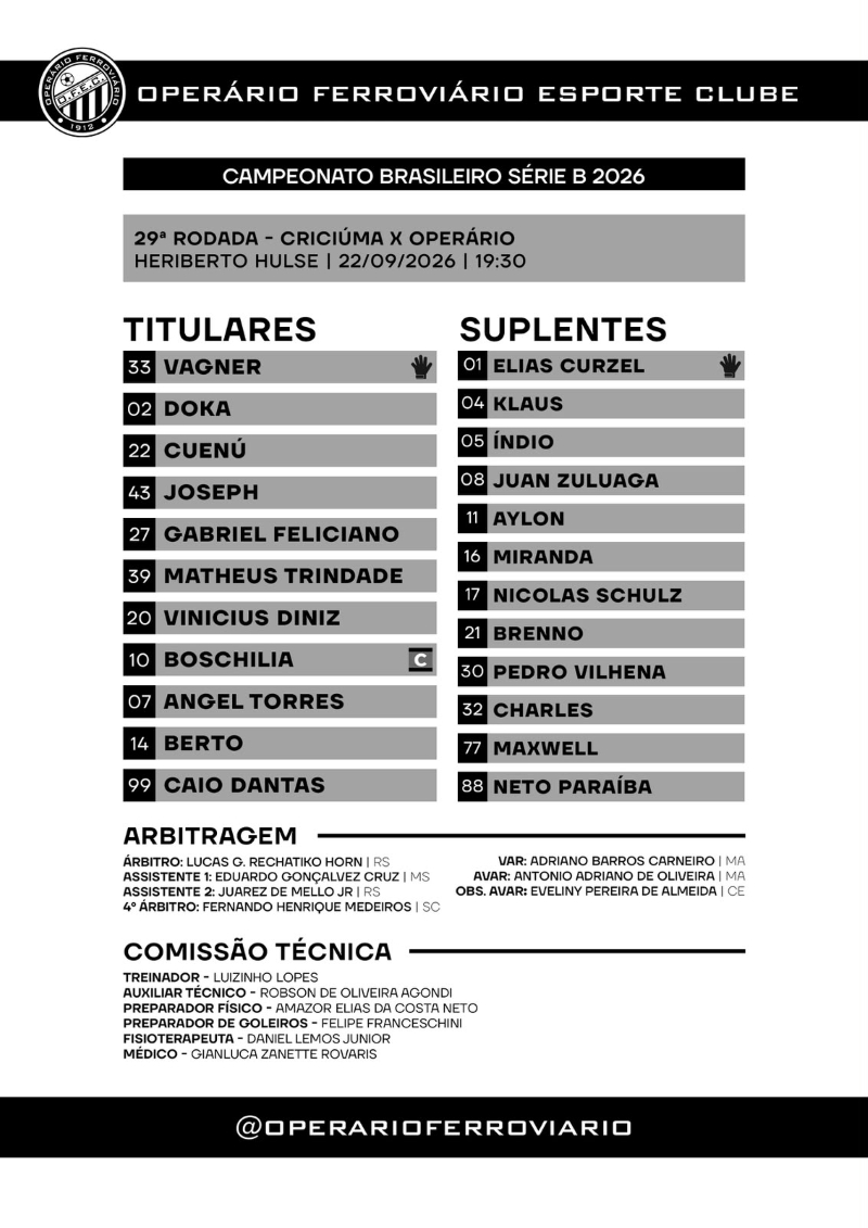 escalação do time do Operário para enfrentar o Criciúma pela Série B do Brasileiro