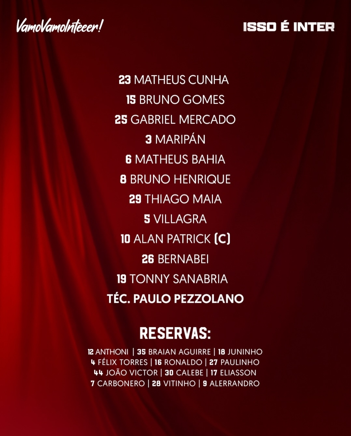 Escalação do time do Internacional para o jogo das quartas de final da Copa do Brasil 2026