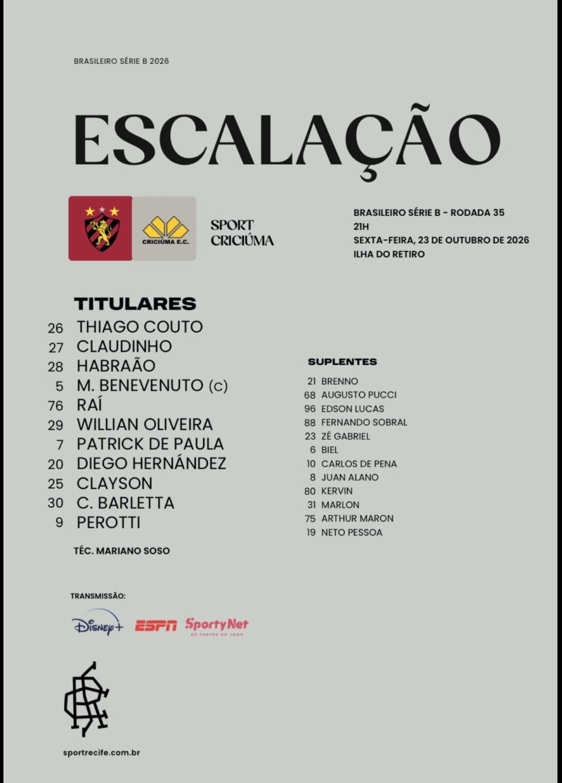 escalação do sport recife para enfrentar o criciuma pela serie b do brasileiro hoje
