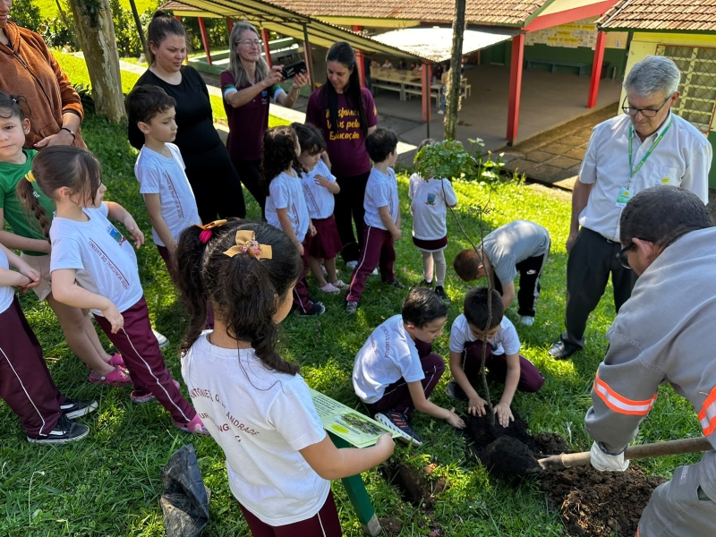 alunos em escola plantando mudas de pau-brasil