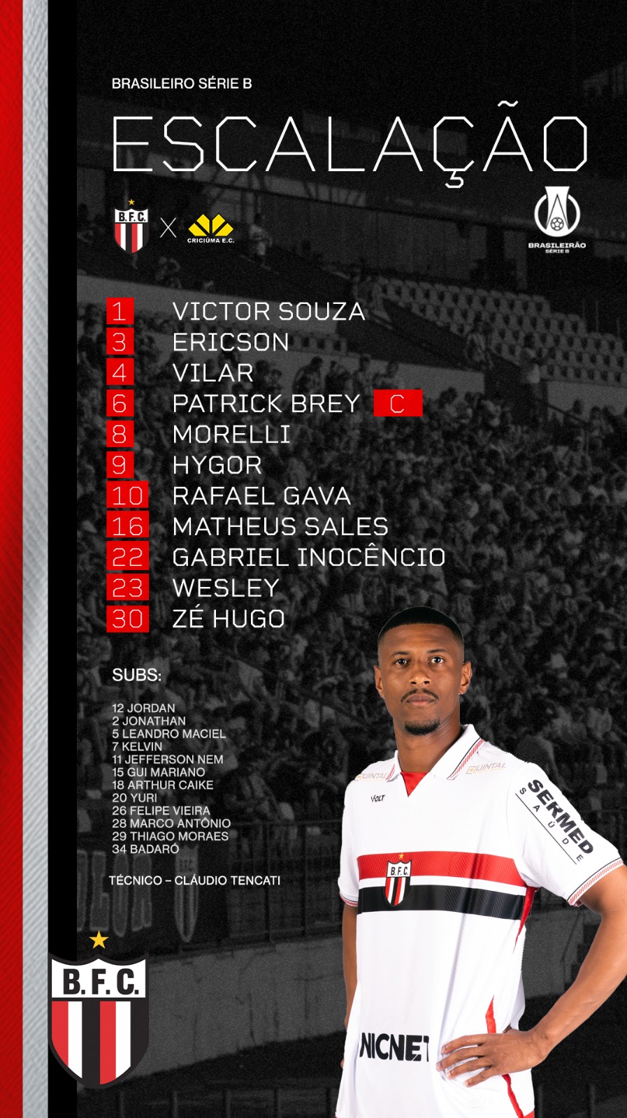 Escalações de Botafogo e Criciúma, pela Série B do Campeonato Brasileiro