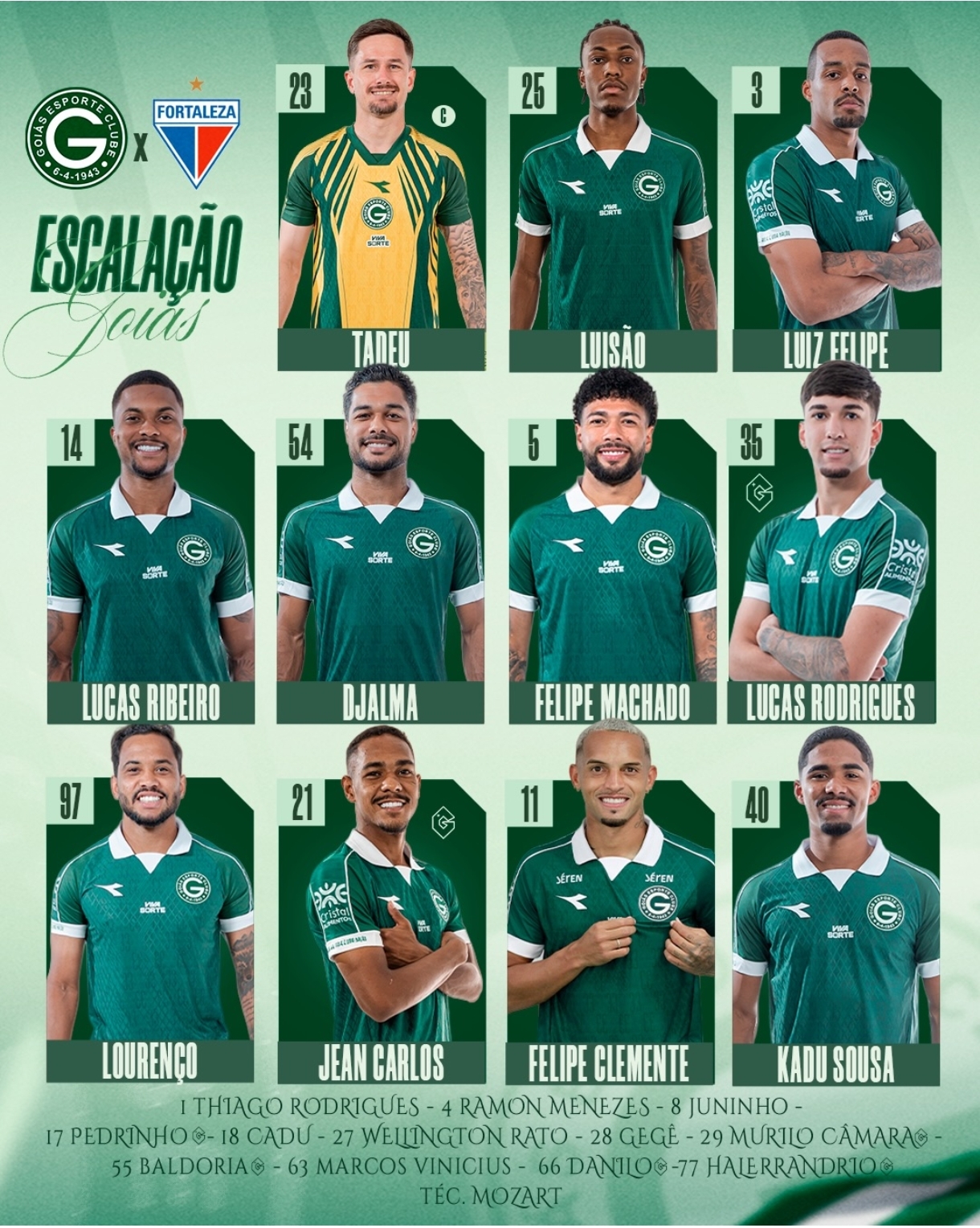 Escalação do Goiás para o jogo contra o Fortaleza pela Série B do Brasileiro
