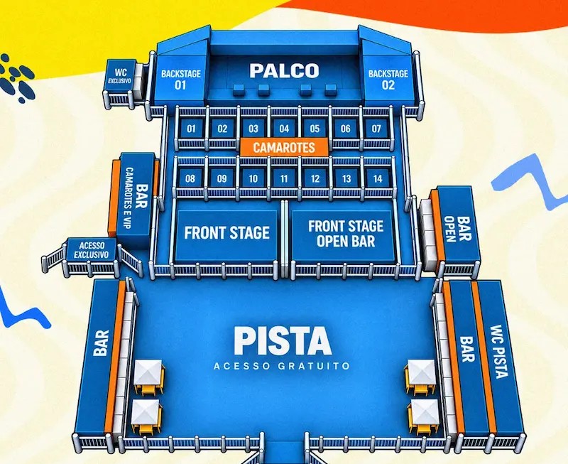 Mapa do evento Verão Rincão, com os setores disponíveis