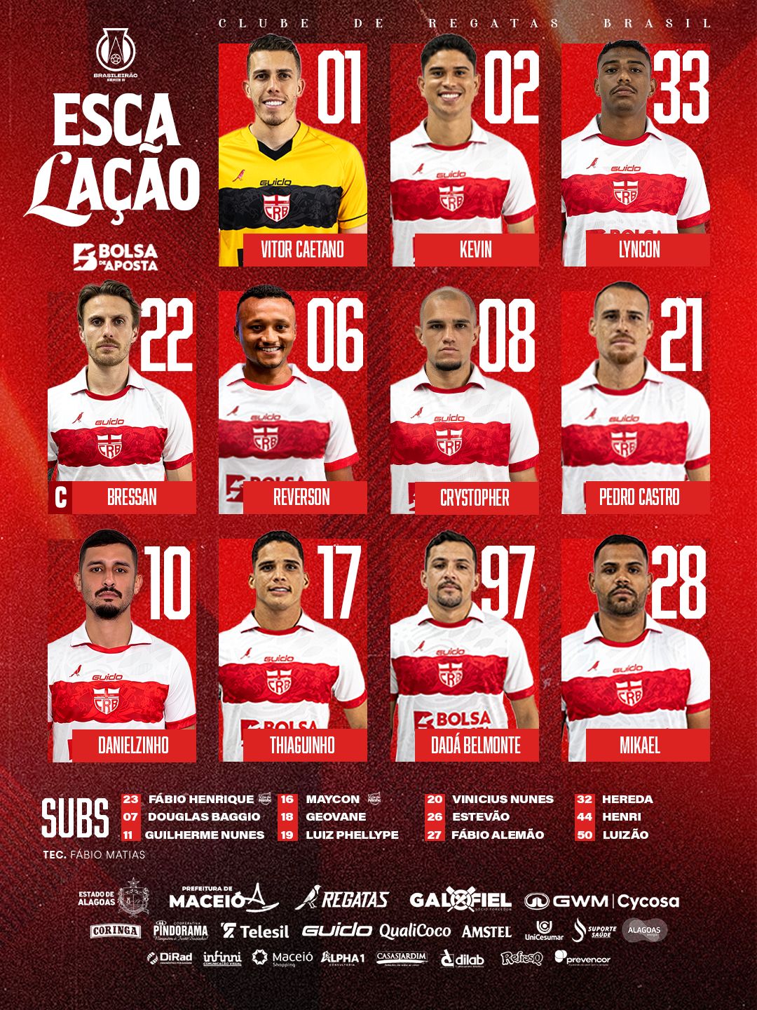 Escalação do CRB para o jogo contra o Criciúma