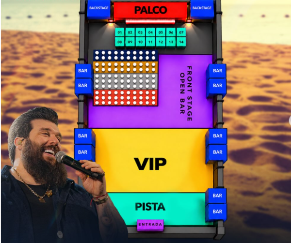 mapa do evento do show com o cantor sertanejo Panda em Balneário Rincão, no verão 2027, com as opções de setores e ingressos