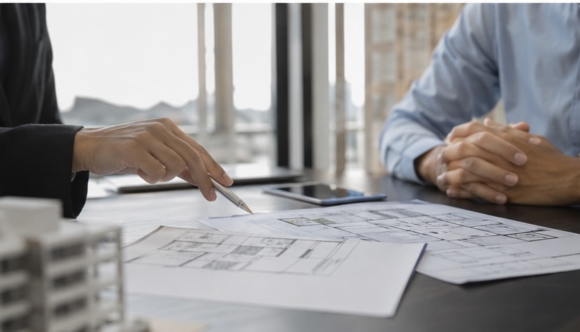 Homens em uma mesa negociando imóvel na planta