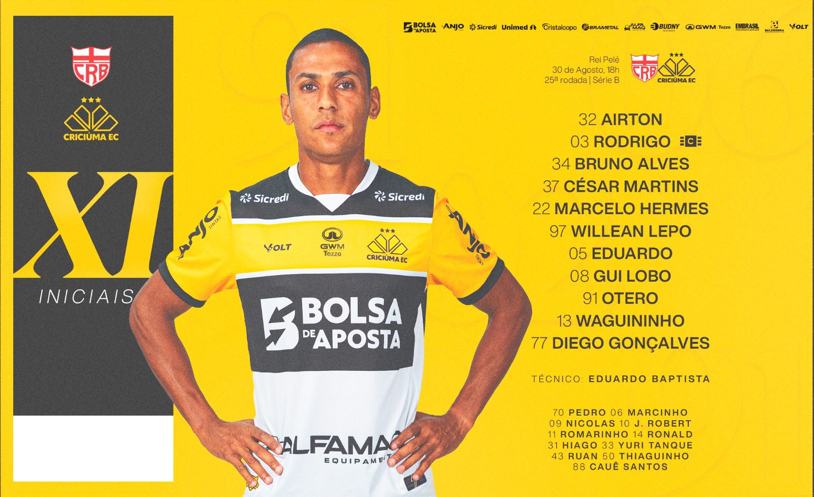 escalação do Criciúma para o jogo contra o CRB pela Série B do Brasileiro